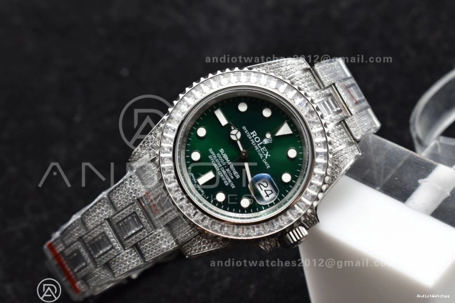 Diamonds on Bracelet VR Submariner Green SS Edition Full 1150 Dial on Minimalist Best AMGF 40mm 0426